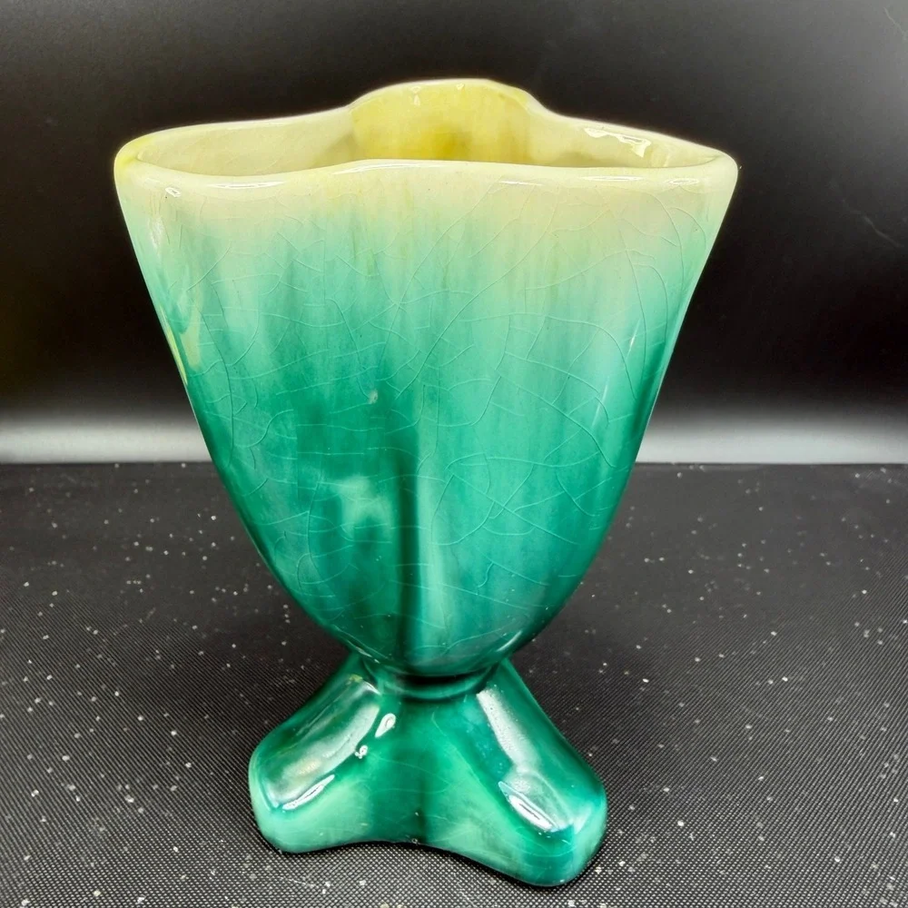 Vintage Green Ombre Crackle Glaze Ceramic Vase Tri Corner Pedestal Planter‎ Vase